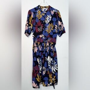Warm Floral Blue Wrap Cotton Poplin Women's Dress